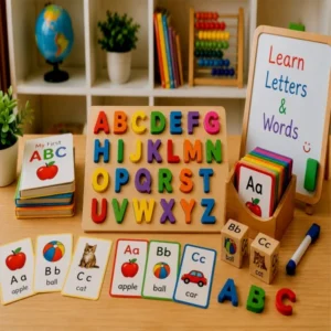 Educational alphabet and language learning toys with colorful letters, flashcards, and phonics activities for kids.