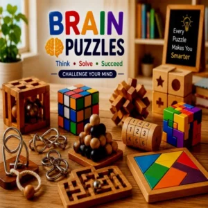 Wooden brain puzzles, IQ games, logic toys, and problem-solving educational activities for children.