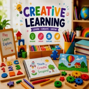 Creative educational toys with art supplies, building blocks, drawing materials, and imagination-based learning activities.