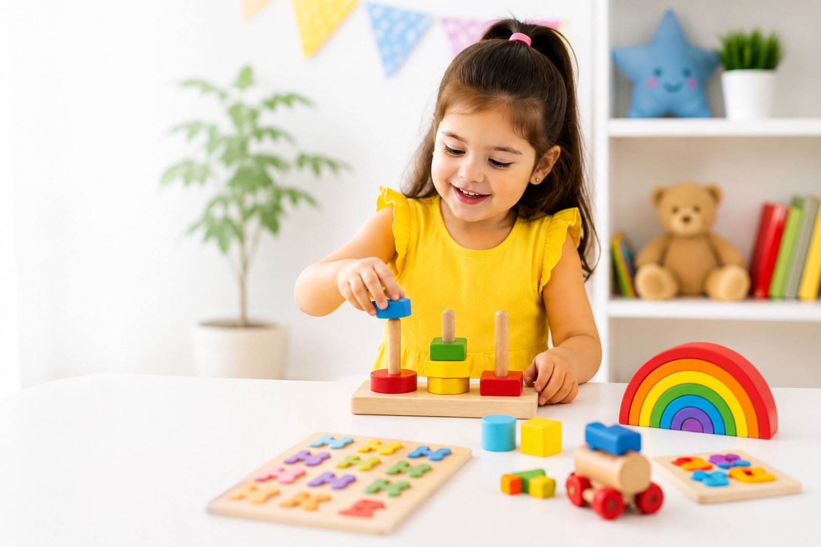 Happy child playing with colorful educational wooden toys to develop creativity and problem-solving skills.