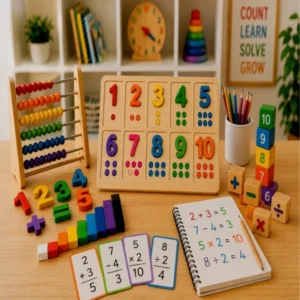 Colorful math and number learning toys including counting blocks, number puzzles, abacus, and educational math games.