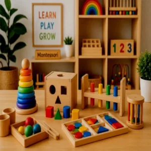 Colorful Montessori wooden educational toys for children to develop independent learning and practical life skills.